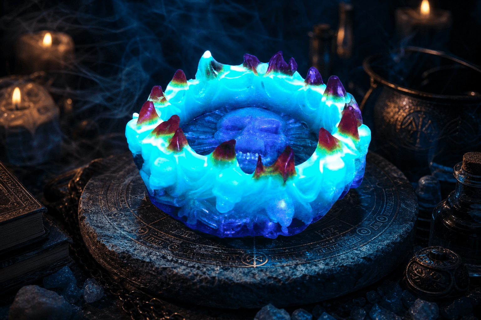 Cendrier vide poche gothique phosphorescent en résine avec crâne et flammes