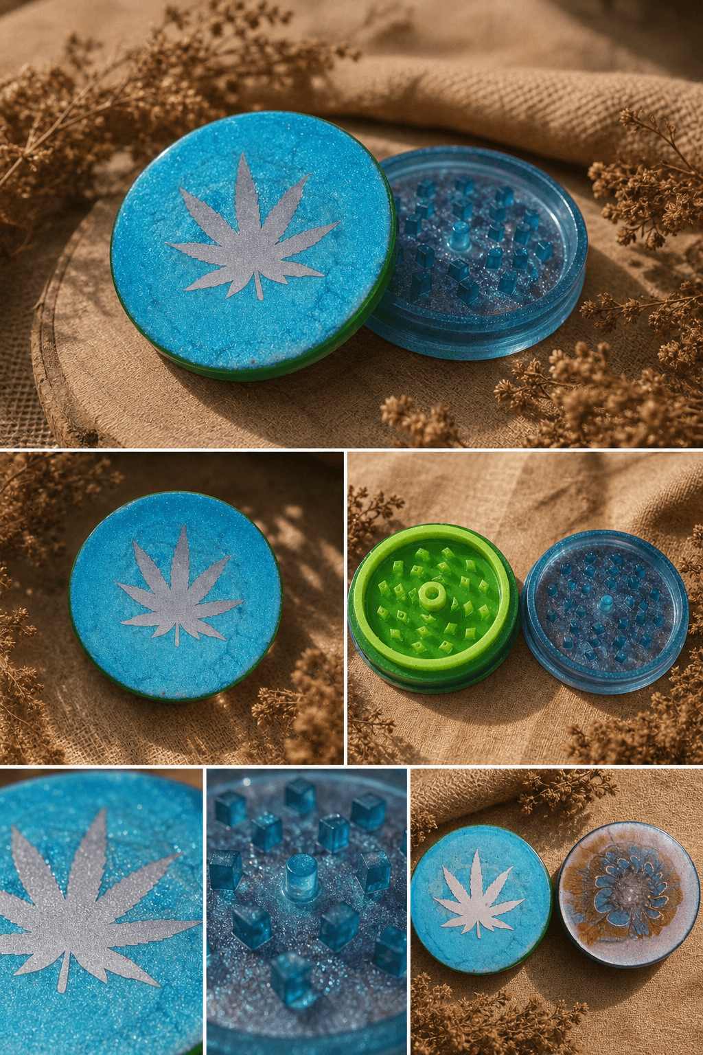 Montage photo montrant les détails du grinder en résine bleu lagon, ses dents de broyage intérieures vert vif et bleu pailleté, et un plan serré sur l'incrustation de la feuille argentée