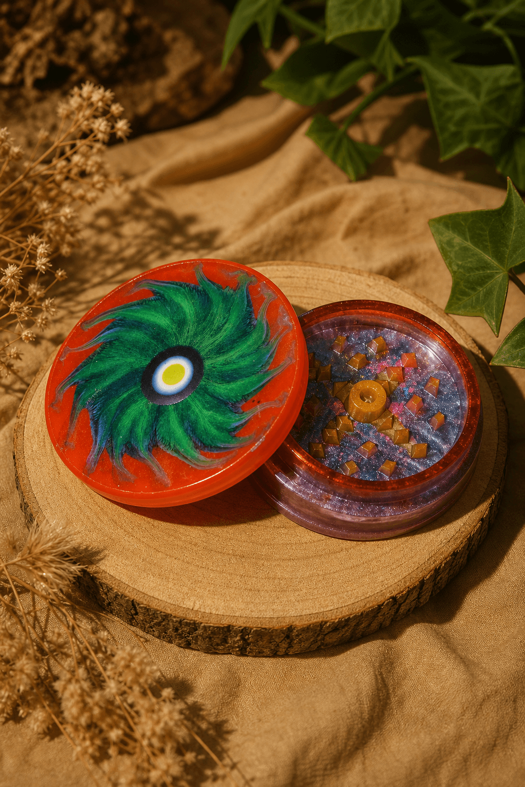 grinder phosphorescent en résine : gros plan sur le vortex œil mystique, vue sur les dents pyramidales dorées et fond effet galaxie violet et bleu texturé.