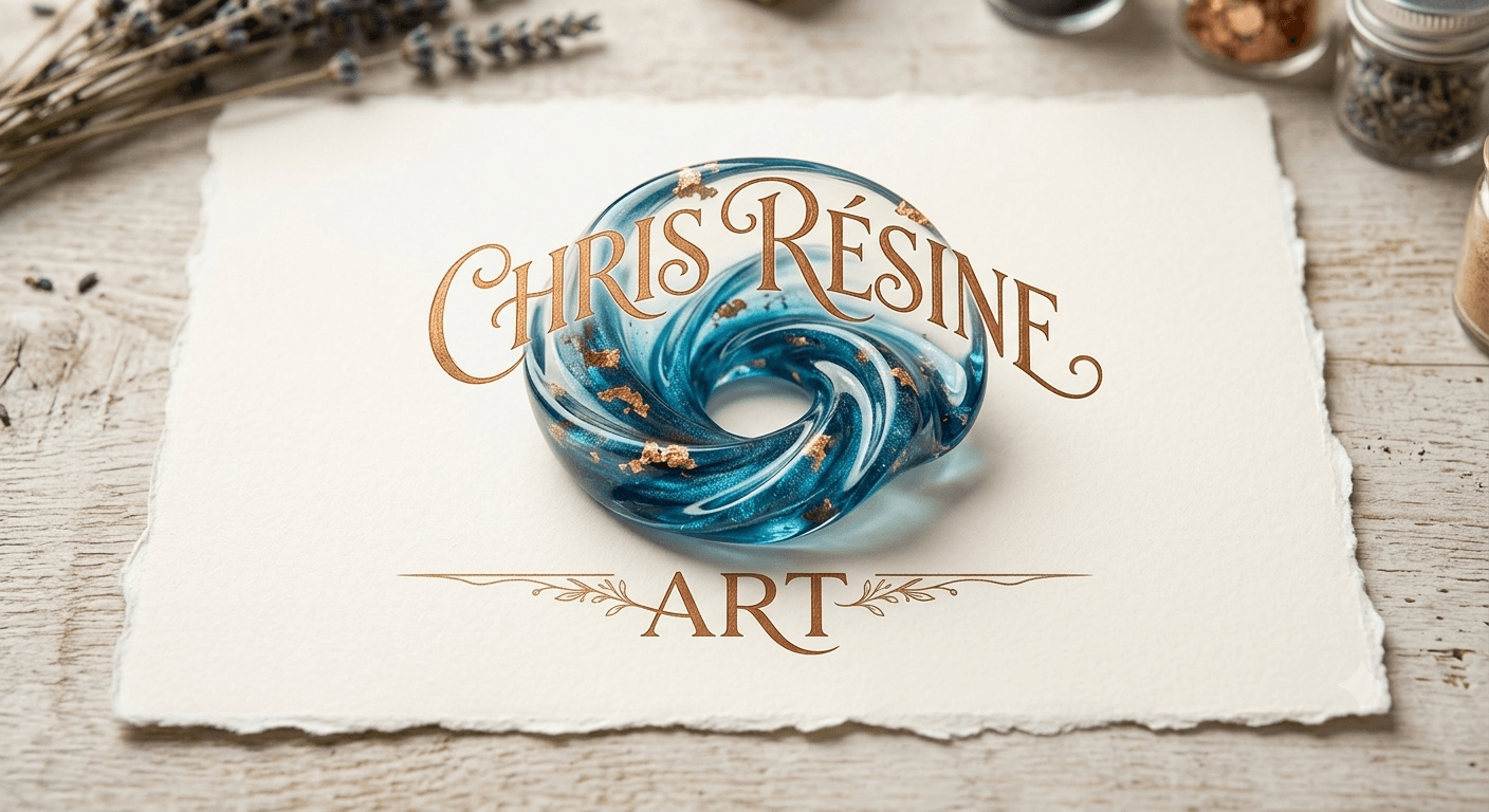 Logo de la marque Chris Résine Art, mettant en valeur une création artistique en résine bleue tourbillonnante avec des inclusions dorées, posée sur un papier texturé